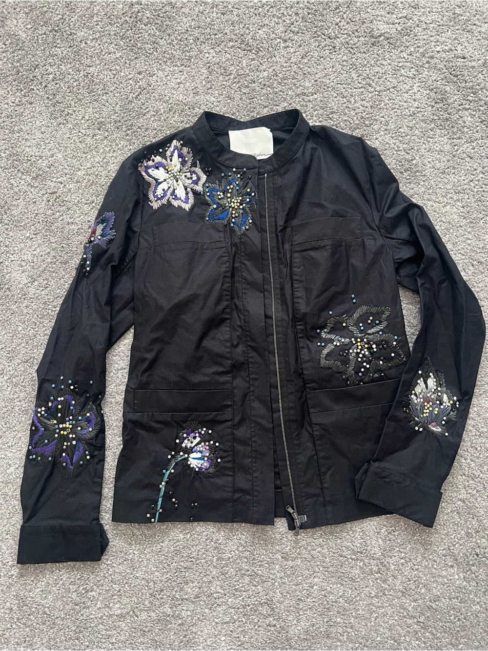 3.1 Phillip Lim Embellished Black Utility Jacket with Floral Beading